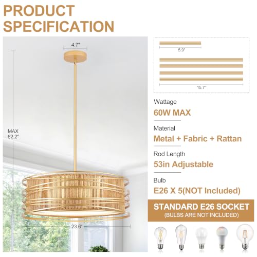 23.6" Gold Rattan Chandelier Boho 5 (Gold / 23.6 inch)