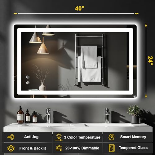 LED Bathroom Mirror with Lights (3 Light Modes / 40"L x 24"W)