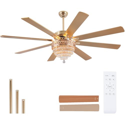 72"Large Golden Crystal Chandelier Ceiling Fans with Lights and Remote (Gold-72IN)