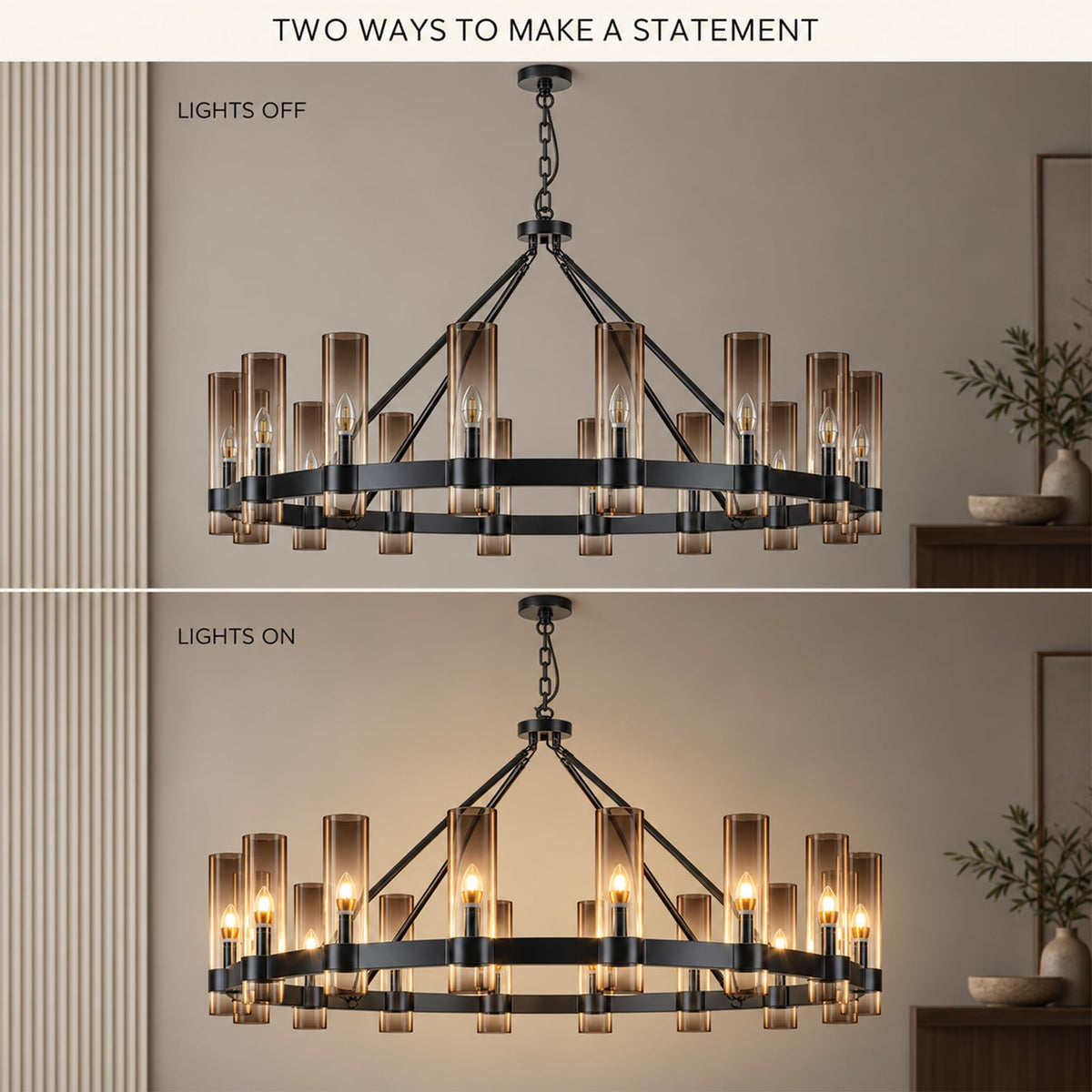 48 Inch Wagon Wheel Chandelier with Glass Shade (Black 48Inch 16Light B / 48IN-B)