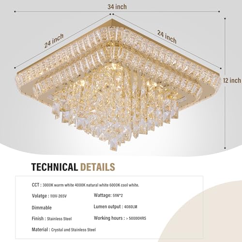 Crystal Chandeliers Modern Led Luxury Light Fixture Flush Mount 34 (Gold / 34 Inches)