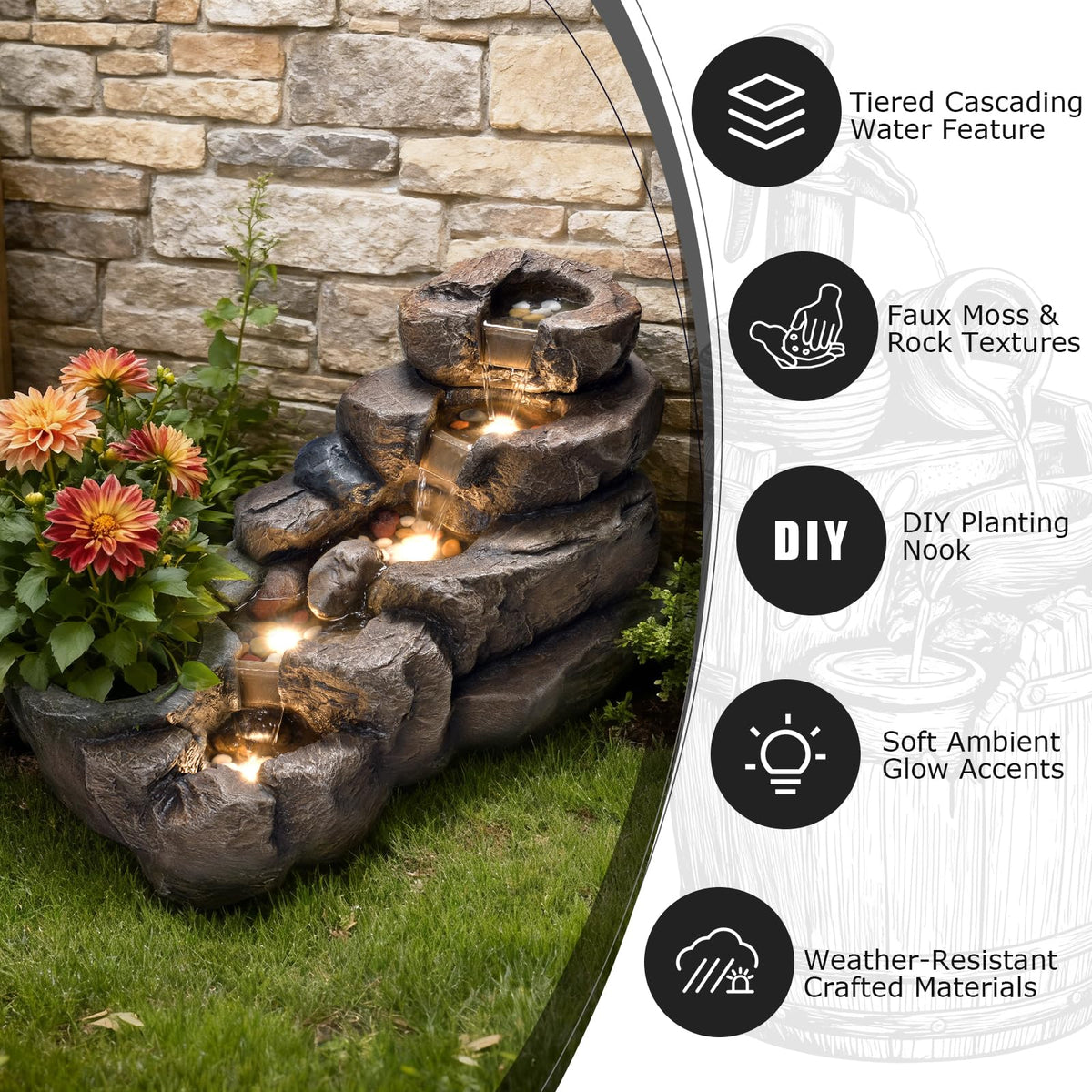 38.2" L Garden Rock Water Fountain Outdoor (38.2’’L / Brown)
