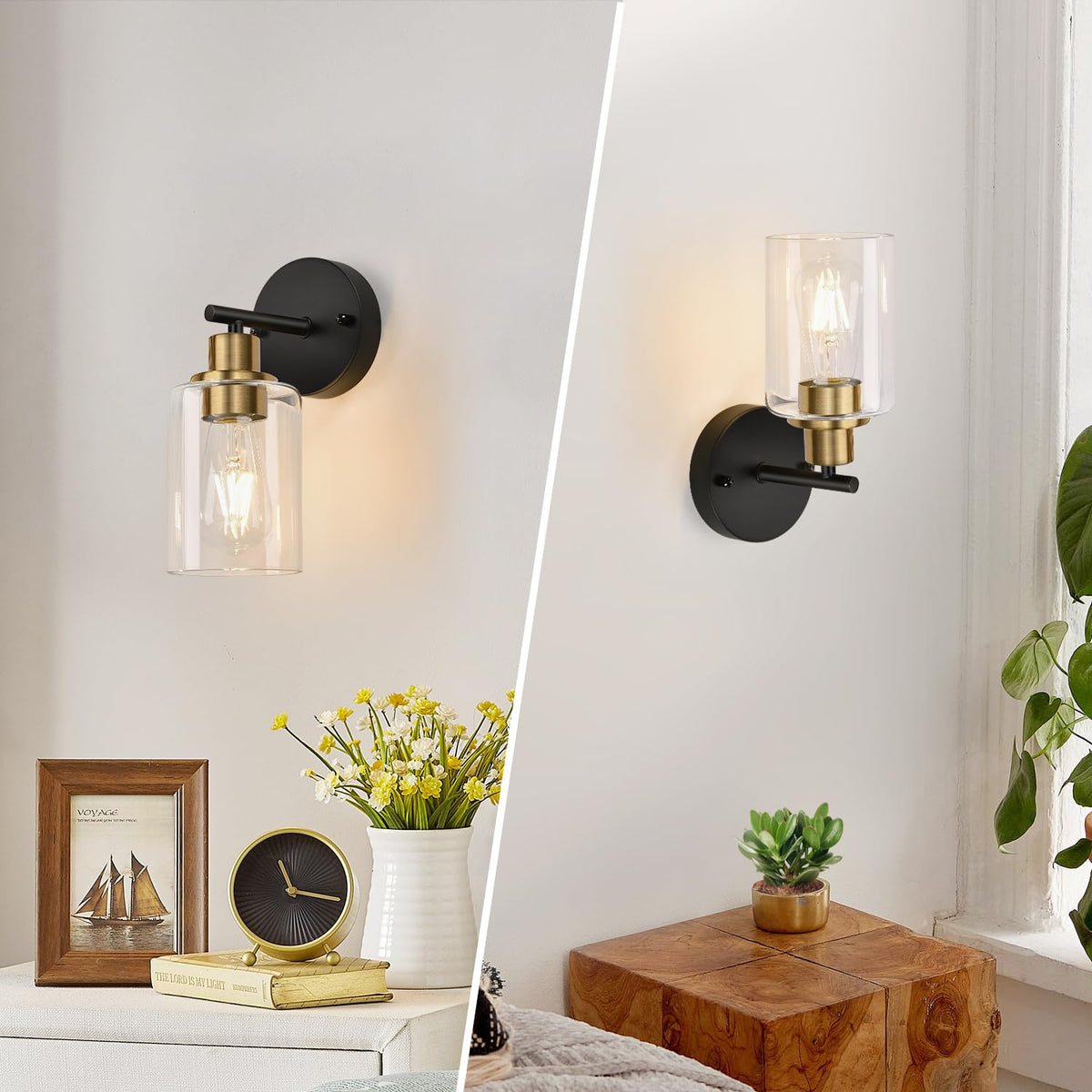 Set of 2 Wall Sconces for Bathroom (Black and Gold / 1-light)