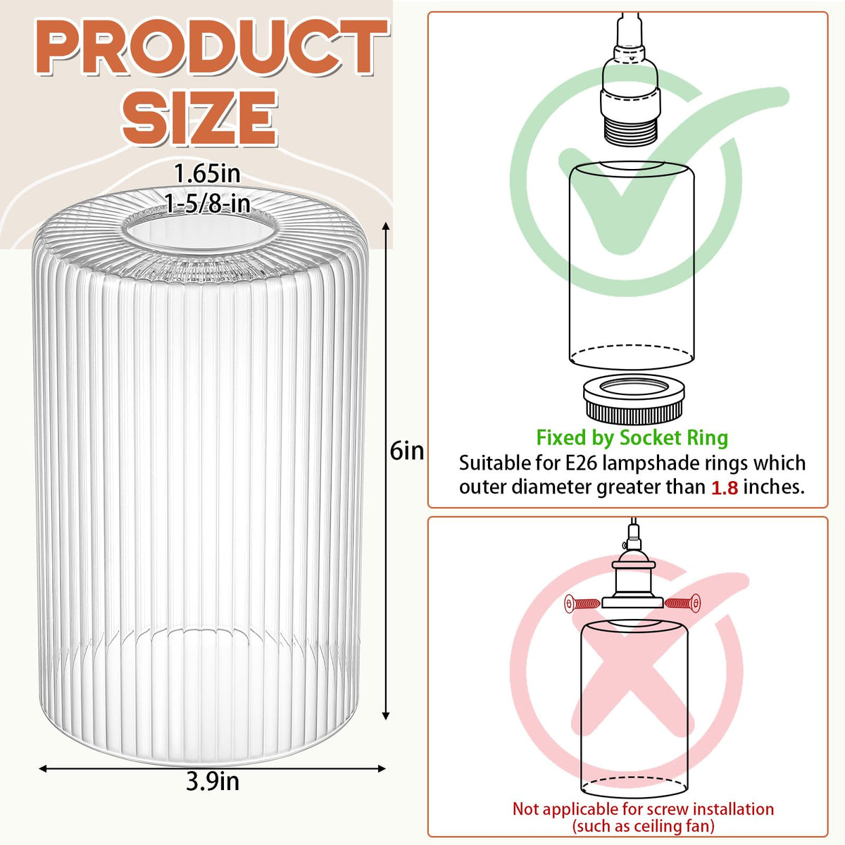 6 Pack Clear Ribbed Glass Lamp Shade 1 (Clear / Ribbed)
