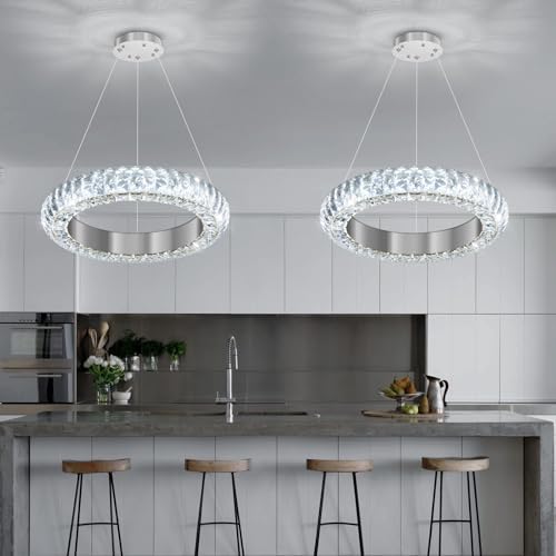 16" Ring Modern LED Dimmable Crystal Chandelier Adjustable Height Pendant Light Round Crystal Chandelier Light Fixtures for Dining Room Living Room Kitchen Island Silver (Silver / 1 Ring Round 16")
