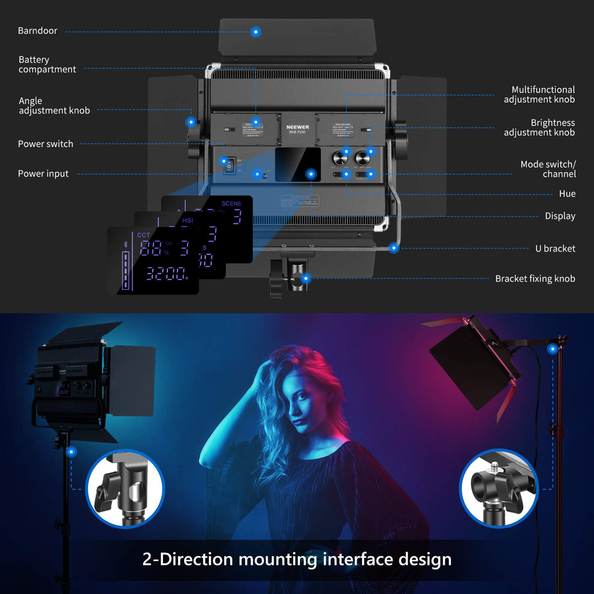 2 Packs P200 RGB LED Video Light Battery Kit with APP Control
