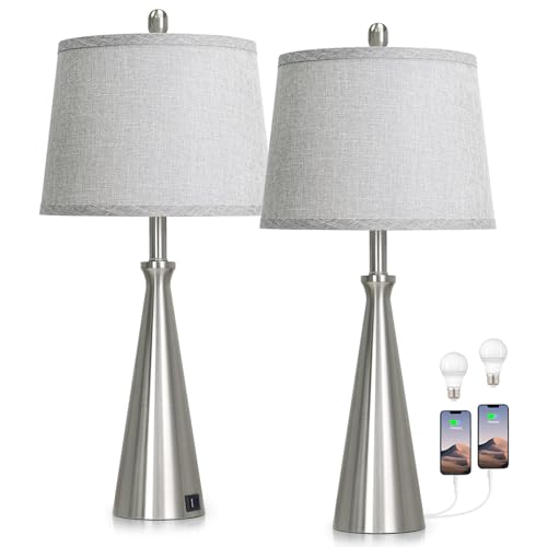 28" Silver Touch Table Lamps Set of 2 with USB A+C Ports (B Silver)