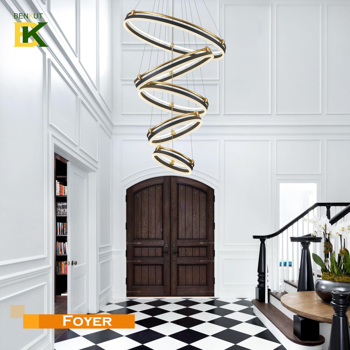 5 Rings LED Chandelier Black Gold Dimmable Large High Ceiling Chandeliers (5 Ring Circular D29.5in / Black Gold)