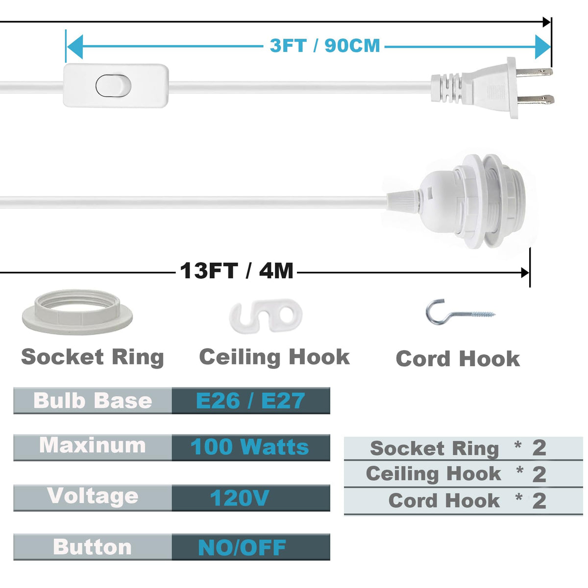 16Ft Plug in Pendant Light Hanging Cord Kit (White / 16FT)