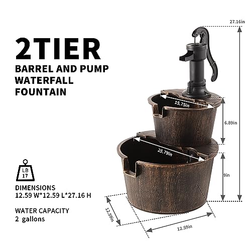 27 Inch 2 Tier Water Fountains Outdoor Waterfall Barrel Fountain Pump Garden 2 (2-tier)