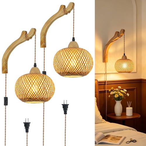 Frideko Bamboo Wall Sconces Set of Two Plug in (Orange(2PC))
