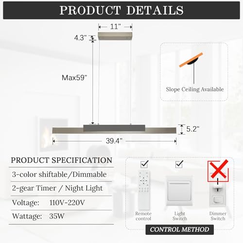 Modern LED Linear Pendant Light 39in Brushed Nickel Island Light Dimmable (Nickel Wood / 39.4'')