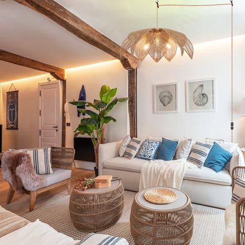 Rattan Plug in Pendant Light with 15FT Hemp Rope Cord Boho Light Fixture Can accommodate 3*E26 Bulbs of Woven Wicker Chandelier for Living Room Bedroom Dinning (DW-007-3P)