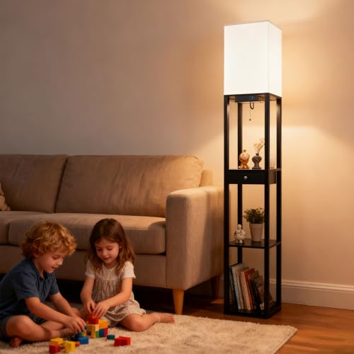 Shelf Floor Lamp with 1 Drawer (Black(USB+Drawer))