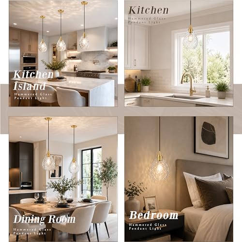 Gold Glass Pendant Lights Kitchen Island 8" Pendant Light Hammered Clear Glass 3 Pack Height Adjustable Modern Hanging Pendant Lights for Dining Room Bedroom Hallway Sink Bulbs Incl (Gold, 3 PK / 8 Inch)