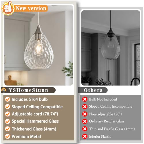 Nickel Glass Pendant Lights Kitchen Island 8" Pendant Light Fixtures Hammered Clear Glass Height Adjustable Modern Hanging Pendant Lights for Dining Room Bedroom Hallway Sink Bulb Incl (Nickel, 1 PK / 8 Inch)