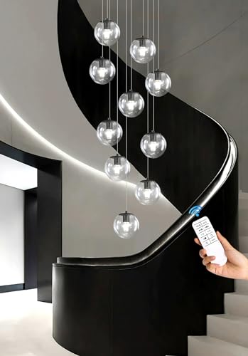 10 Light LED Staircase Modern Glass Globe Pendant Light Large Chandeliers for High Ceilings (Black-Clear / Globe 10-Light)