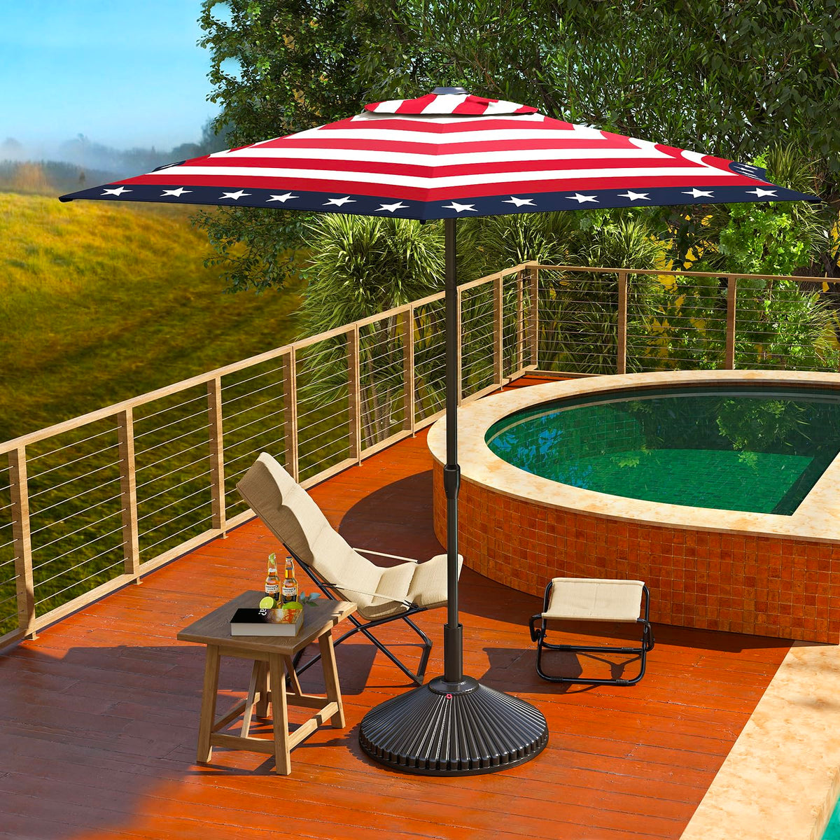 9FT Lyon Outdoor Patio Umbrella Outdoor Table Umbrella with Push Button Tilt and Crank Market Umbrella 6 Sturdy Ribs UV Protection Waterproof for Garden Deck Backyard Pool (9 FT(6 Ribs) / Star Stripe)