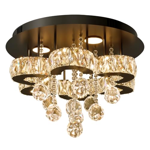 16" Small Crystal Chandelier LED Ceiling Light Fixtures Stainless Steel Flush Mount Ceiling Chandeliers Light for Bedroom (Black / 16inch)