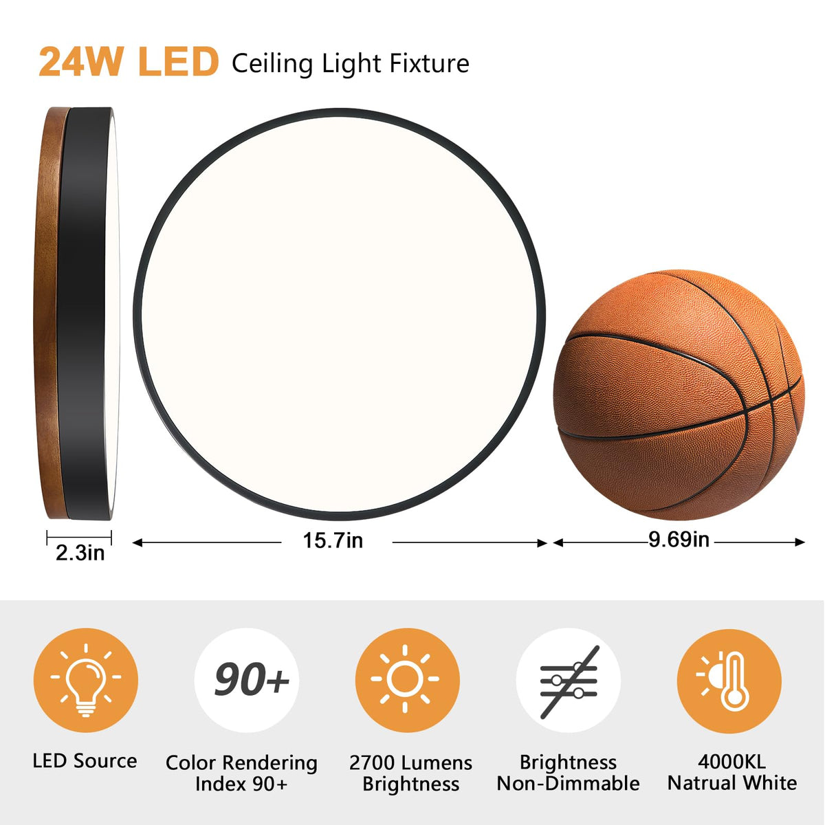 Modern Walnut Wood Black Flush Mount Ceiling Light 15.74 Inch (Walnut- Non-dimmable / 15.74 Inch)