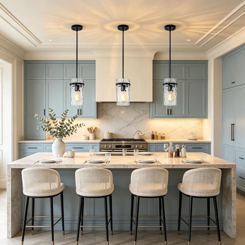 Farmhouse Black Hammered Glass Pendant Lights Kitchen Island for Foyer (Black-1 Pack)