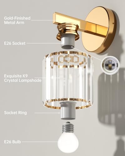 Hardwired Wall Sconces Set of Two with Crystal Lampshade (Gold-B)
