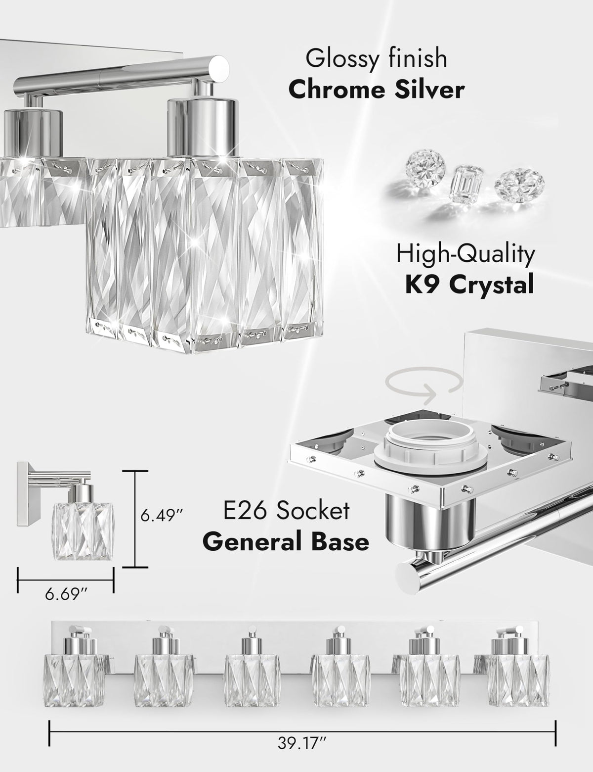 6 Light Crystal Bathroom Vanity Light Square (Polished Chrome-Square / 6 Light)