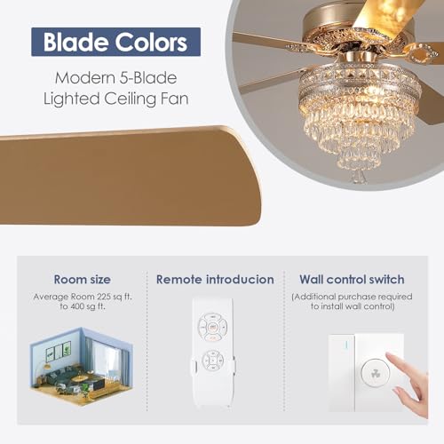 52"Golden Crystal Chandelier Ceiling Fans with Lights and Remote Control (Gold-52IN)