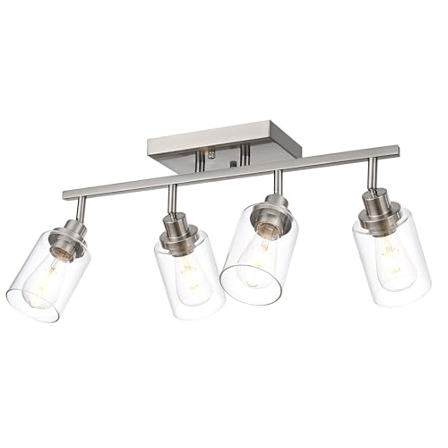 4 Light Track Lighting Fixtures Ceiling Kitchen Track Lighting Kit Brushed Nickel Bathroom Tracking Vanity Lights with Clear Glass Shade (Brushed Nickel / 4-Light)
