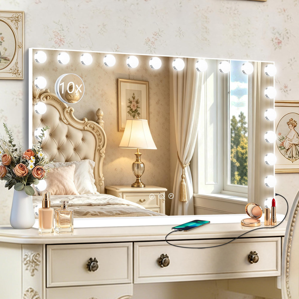 Hollywood Vanity Mirror with Lights (White / 44"L x 30"W)