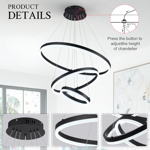 Modern LED Chandelier Black Dimmable Pendant Lighting with Remote Control Circular Chandelier Flush Mount High Ceiling Light for Dining Room Entryway Foyer (Black / 3 Rings 23.6in)