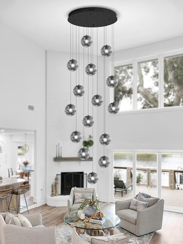 H138 Modern Smoke Gray Glass Globe Chandelier Large Chandeliers for High Ceiling 15 (Smoke Grey / Globe 15-Light)