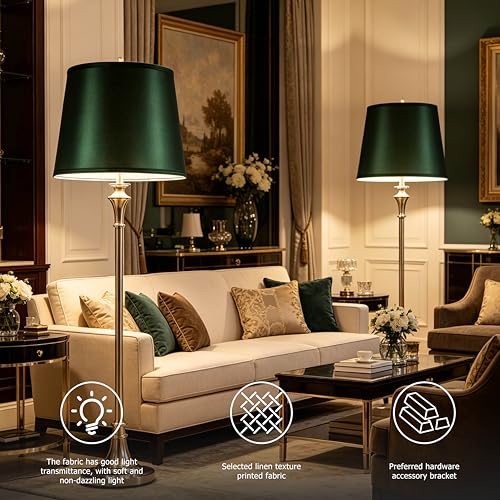 Large Dark Green Lampshades for Floor Lamp Set of 2 (14"×16"×10"-2 PCS / Green Natural Faux Silk)