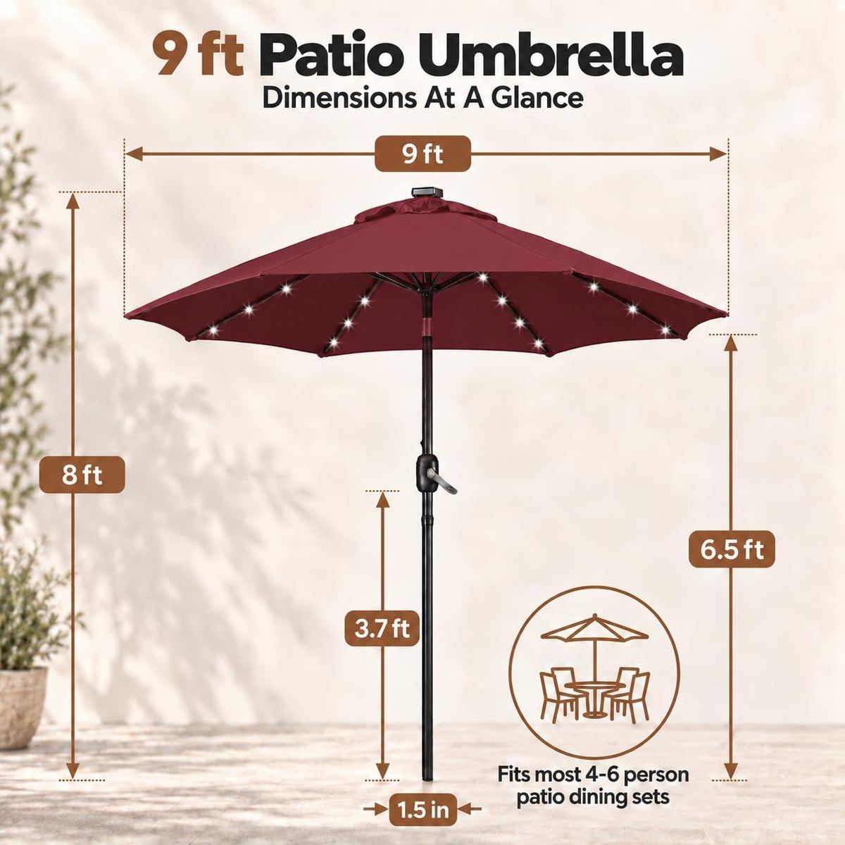 9FT Solar Patio Umbrella w (Burgundy / 9FT)