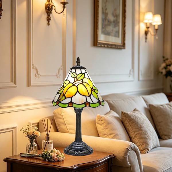 Small Tiffany Lamp Yellow Lemon Stained Glass Lamp Elegance Vintage Bedside Lamps Tiffany Style Table Lamp Cottage Living Room Bedroom Retro Home Office Desk Kitchen Night Lights Home Decor Gifts (Yellow Apricot)