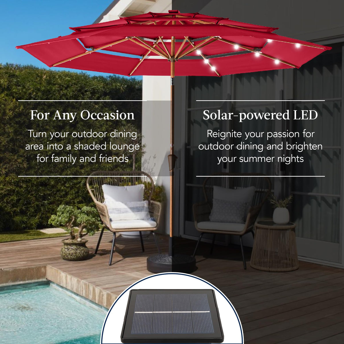10ft 3 Tier Solar Patio Market Umbrella (10ft Woodgrain Finish / Red)