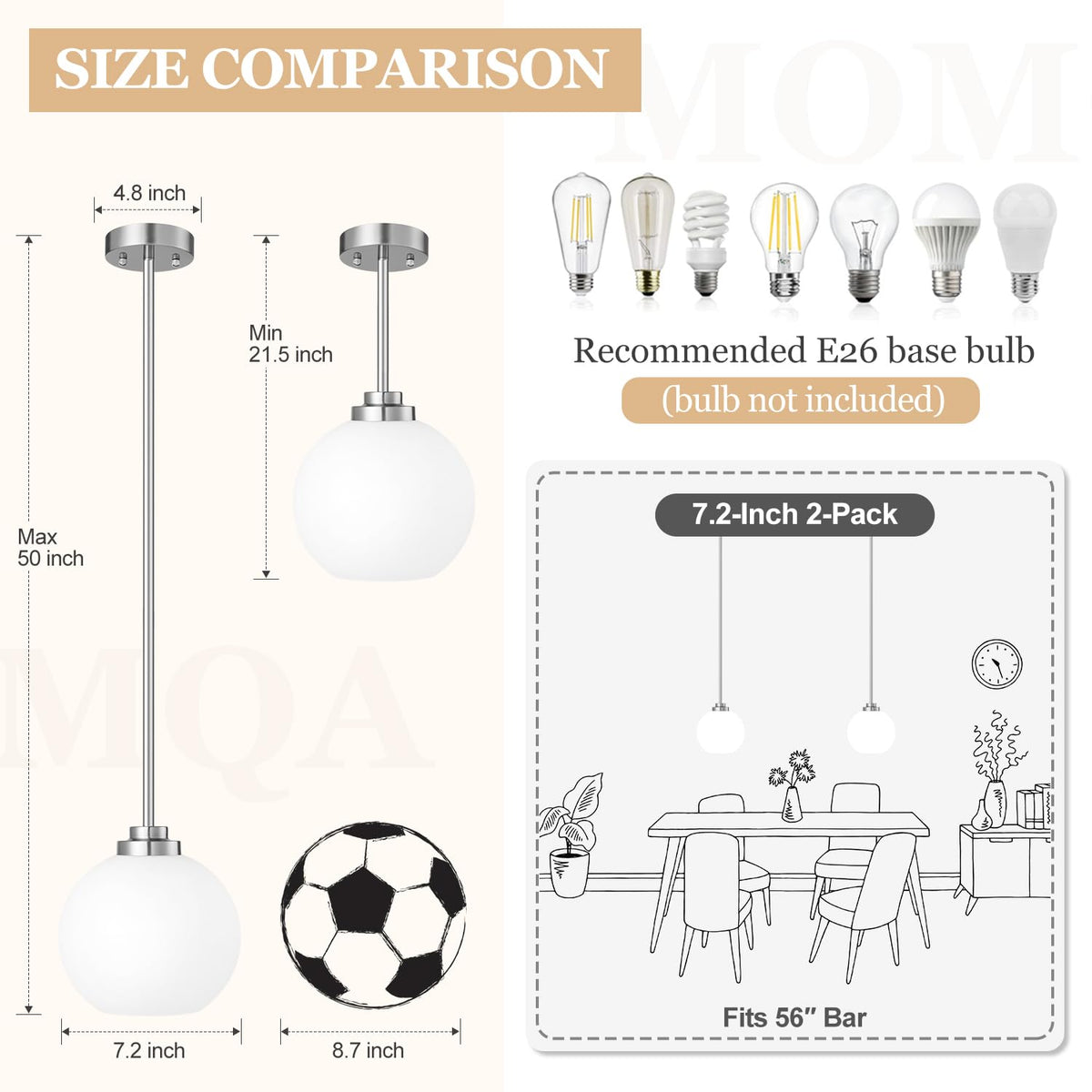 2 Pack Modern Globe Pendant Lights Kitchen Island Milk Glass (Brushed Nickel + Milky White Glass 2 Pack)