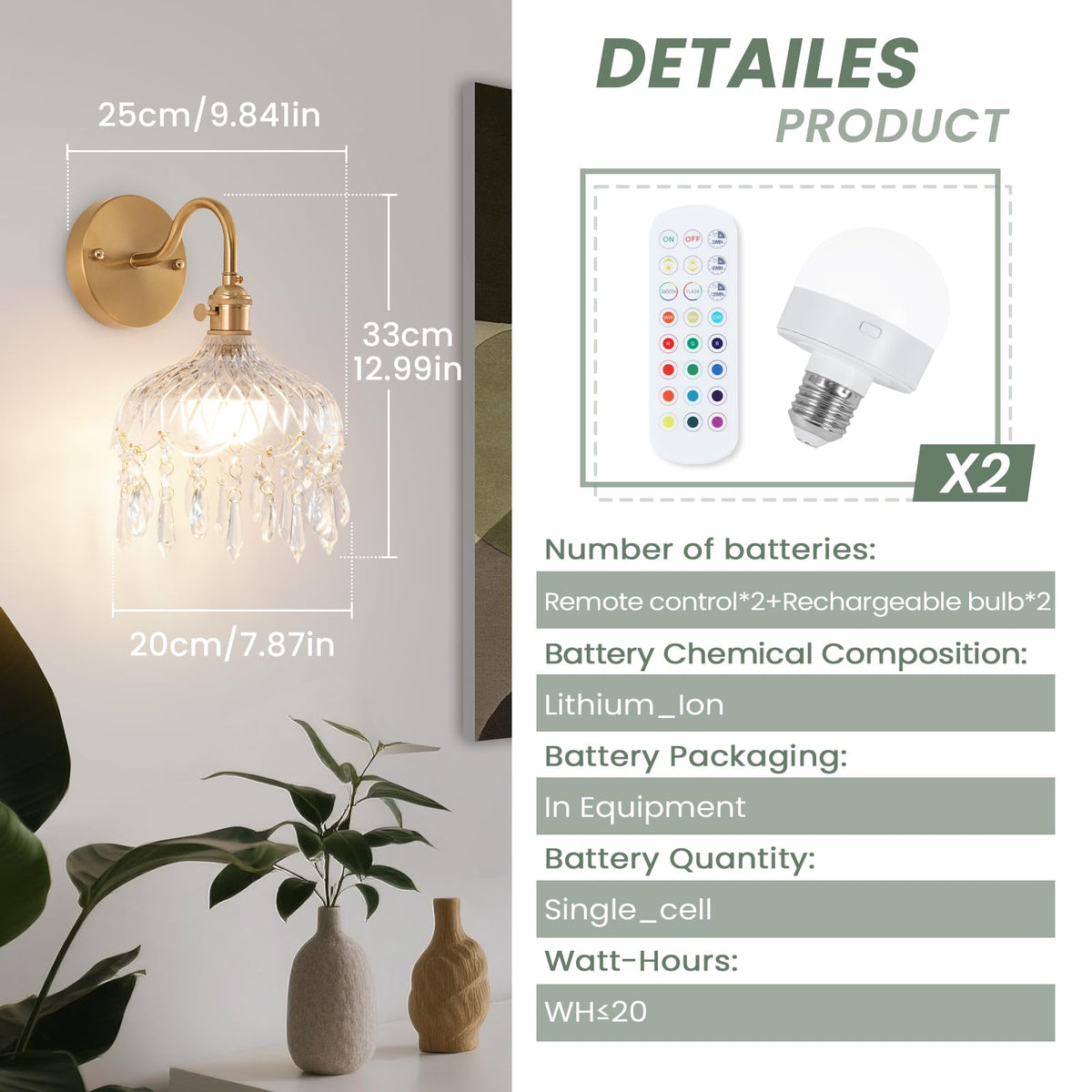 Vintage Battery Operated Wireless Wall Sconces (Crystal-2pack)