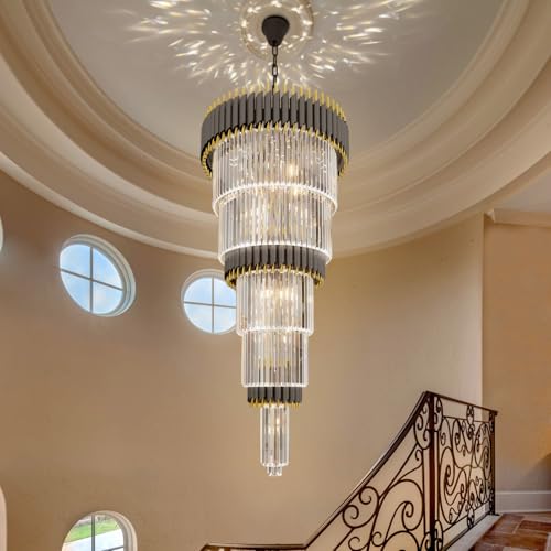 Staircase Chandeliers for High Ceiling Large Black and Gold Crystal Chandelier Long Entryway Chandeliers Adjustable Chain for Foyer Living Room Entryway 24″W x 48″H (D24"XH48" Black)