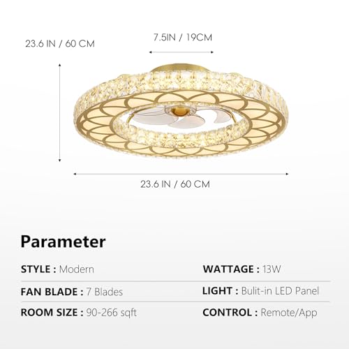 Crystal Ceiling Fans with Lights (Gold - 24 Inch)