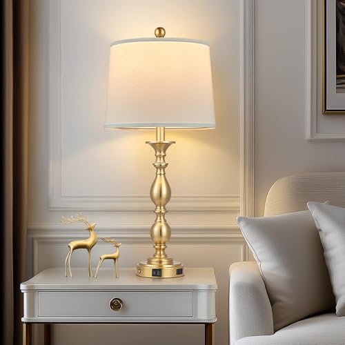 28" Tall Modern Table Lamp with USB A+C Ports and AC Outlet (Gold-1 Pack)