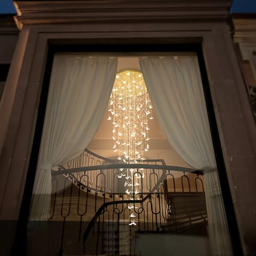 Crystal Butterfly Chandelier High Ceiling Chandeliers for Staircaes Large Raindrop Chandeliers LED Dimmable Big Chandelier for Foyer Hallway Entryway Gold (Gold / Dia 40")