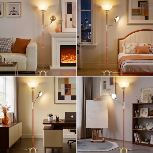 72" Wood Torchiere Floor Lamp with Glass Shade Gold Standing Lamp (Wood Color)