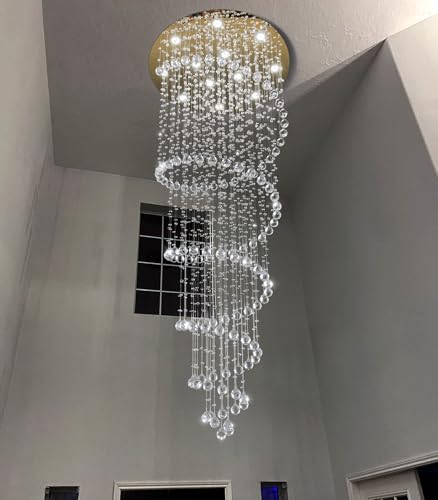 118 Inches Crystal Glam Chandelier Long Light Chandeliers with Dimmable Light Bulbs Gold High Ceiling Pendants Light Fixtures for Foyer Entryway Living Room Stair (Gold / Spiral W32" X H118")