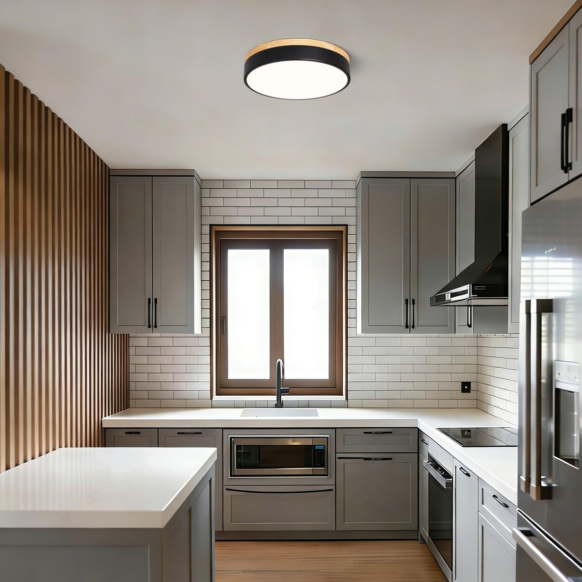 Dimmable LED Wood Black Round Flush Mount Ceiling Light 11.81 Inch (Black- Dimmable / 11.81 Inch)