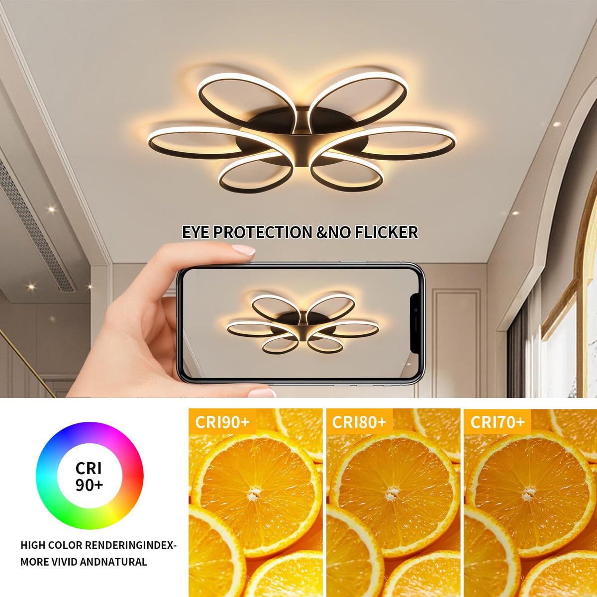 Modern LED Ceiling Light Fixture Black Flush Mount Ceiling Lamp with Remote Control Dimmable Rings Flower Shaped Ideal for Living Room Suite Bedroom Leisure Study Room Kitchen (750mm/29.5inch)