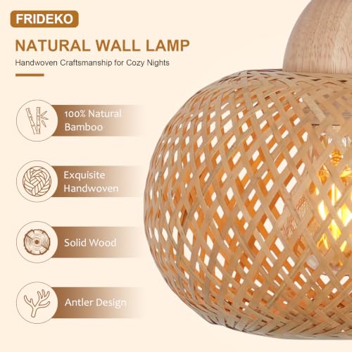 Frideko Bamboo Lantern Plug in Wall Sconces Wicker Wall Lamp with Plug in Cord Hand Woven Rattan Wall Light Farmhouse Rustic Wall Sconces Boho Sconces Wall Lighting for Living Room Bedroom (Orange(1PC))