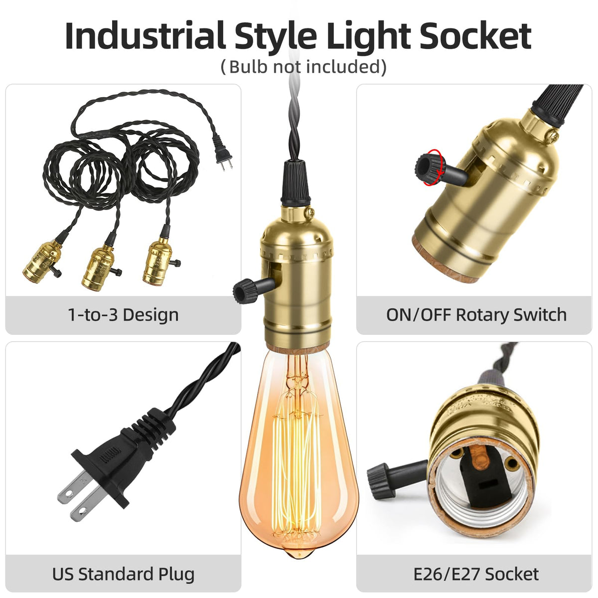 Plug in Pendant Light Cord Kit (Gold / 1 plug with 3 sockets)