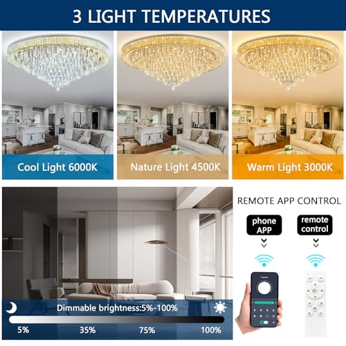 53.7" Modern Crystal Big Large Chandeliers LED Dimmable Flush Mount Ceiling Chandeliers for Living Room High Ceiling Entrance Foyer Lobby Bedroom Gold (Gold / 53.7" Width)