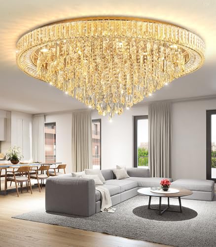 Modern Crystal Chandeliers LED Dimmable Flush Mount Ceiling Chandeliers for Living Room High Ceiling Entrance Foyer Lobby Bedroom Gold (Gold / 47.2" Width)